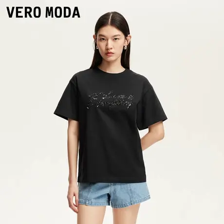 Vero Moda奥莱T恤女2025夏季新款圆领亮片刺绣字母宽松上衣短袖商品大图
