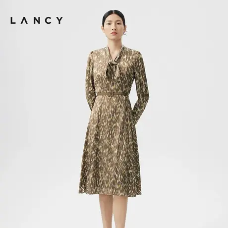LANCY/朗姿2023春季新款桑蚕丝印花飘带长袖连衣裙收腰高级感裙子图片