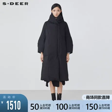 sdeer圣迪奥2021秋冬新品休闲高领连帽拼接黑色羽绒服女S21482435图片