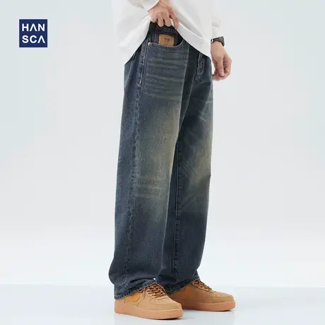 hansca牛仔裤2024新款男秋冬美式复古水洗潮流直筒阔腿拖地长裤子商品大图