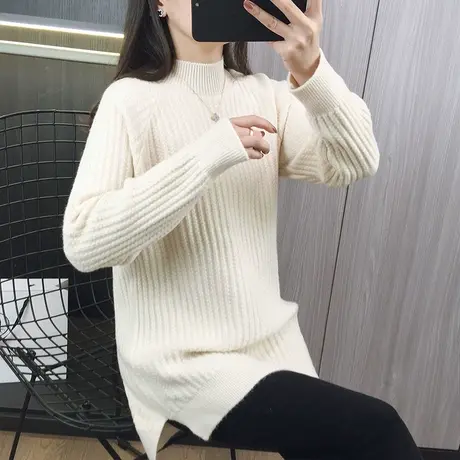 中长款毛衣女士半高领套头针织衫宽松打底衫秋冬季百搭慵懒风上衣商品大图