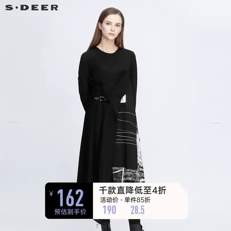 sdeer圣迪奥冬季女装涂鸦印花拼接不规则收腰长袖连衣裙S20481210图片