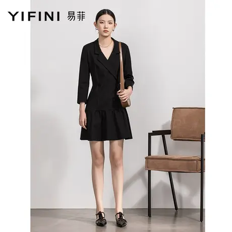 Yifini/易菲长袖宽松西装领连衣裙女春秋新款通勤时尚小黑裙图片