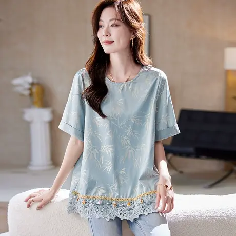 宝诗黎圆领蕾丝提花短袖雪纺衫2025夏季洋气新中式拼接宽松小衫女商品大图