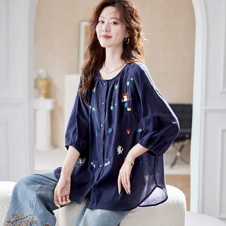 宝诗黎七分袖刺绣苎麻衬衫女2025夏季韩系休闲百搭宽松大码衬衣图片