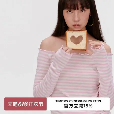 omont蛋挞家复古一字肩条纹长袖T恤2025夏季韩系修身显瘦针织上衣图片