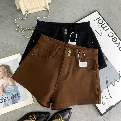 两粒扣豹纹加绒加厚高腰牛仔短裤女2024秋冬新款显瘦A字阔腿靴裤商品大图