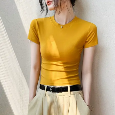 莱赛尔天丝圆领短袖t恤女2025新款夏季纯色正肩修身显瘦内搭上衣图片