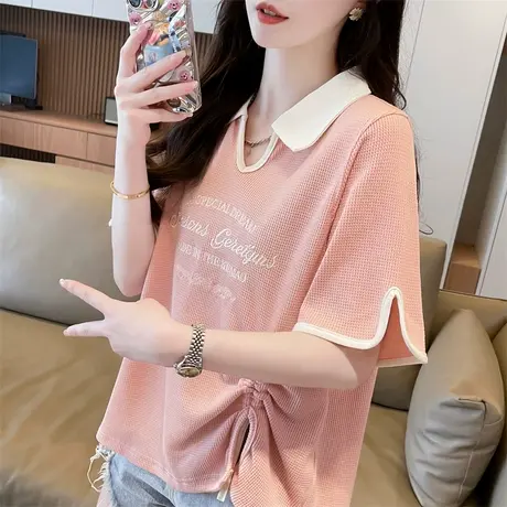 设计感小众polo领短袖t恤女2025新款夏季韩版宽松不规则开叉上衣商品大图