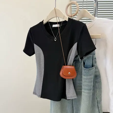 夏季2025新款V领正肩短袖T恤女韩版修身辣妹紧身收腰半袖上衣潮牌图片