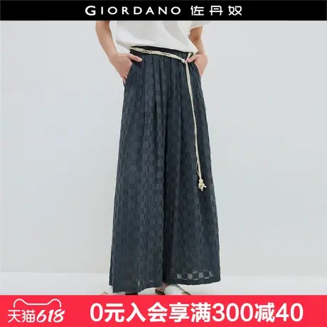 设计师款佐丹奴裤子女夏毛边格纹度假风松紧腰阔腿长裤18415805商品大图