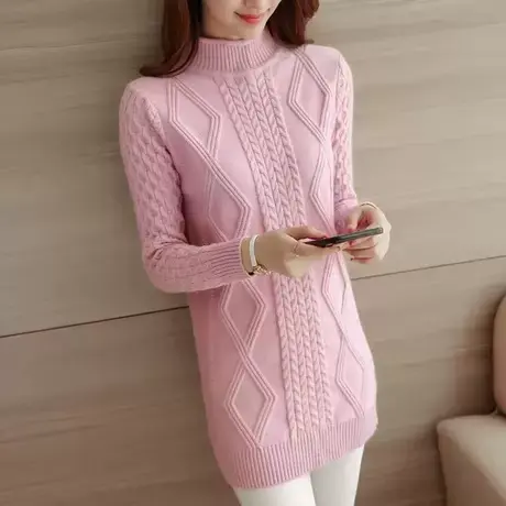 毛衣半高领中长款2025秋冬新款宽松慵懒爆款加厚纯色粉色打底衫女图片