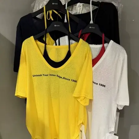 韩国东大门25夏季新款薄款宽松字母短袖T恤+挂脖吊带背心两件套女商品大图