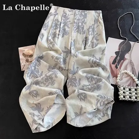 拉夏贝尔棉麻阔腿裤女夏季2025新垂坠感印花扎染天丝亚麻直筒裤子商品大图