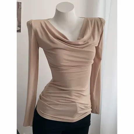 温柔纯欲气质显身材荡领修身长袖T恤2022早秋别致上衣打底衫女商品大图