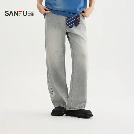 三福2025秋季男士休闲牛仔裤 街头潮流大直筒阔版长裤506189图片