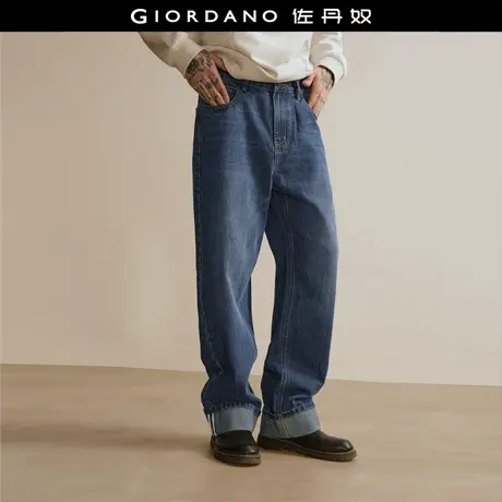 设计师款佐丹奴水波纹牛仔裤男可卷边复古水洗牛仔直筒裤18115802图片
