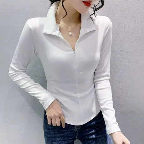 2024春秋新款设计感拉链T恤女长袖别致弧形下摆上衣高腰紧身小衫图片