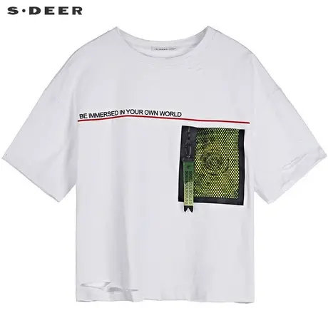 sdeer圣迪奥2019夏装新款街头破洞撞色网眼字母短袖T恤S19280131图片