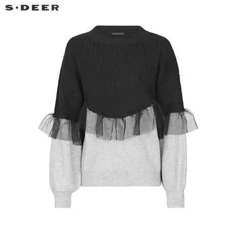 sdeer圣迪奥女装22春夏新品罗纹圆领网纱撞色宽松针织衫S221Z3502图片