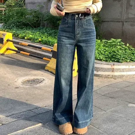 尔给早春直筒阔腿牛仔裤女高腰百搭复古宽松潮流水洗休闲拖地裤商品大图