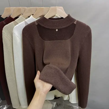 一体绒半高领毛衣女加绒厚打底衫2024秋冬新款蕾丝针织衫内搭上衣商品大图