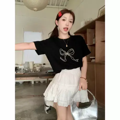 2025新款韩系蝴蝶结印花短袖T恤女夏季宽松休闲圆领常规黑色上衣商品大图