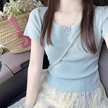 冰丝针织衫正肩短袖t恤女夏季设计感修身超好看独特漂亮短款上衣图片