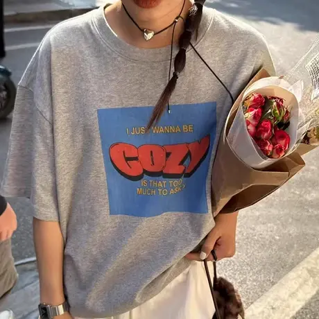 韩国2025夏季新款慵懒风bf字母印花圆领学院风短袖T恤百搭上衣女商品大图