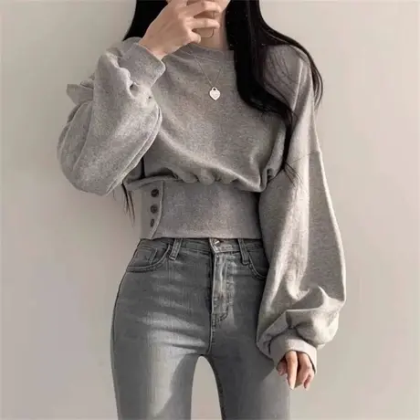 加绒加厚短款收腰下摆卫衣女秋冬季宽松韩版chic甜辣长袖无帽上衣图片