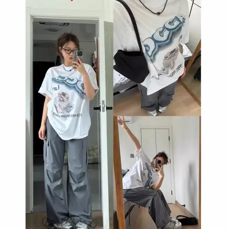 国潮美式复古白色短袖t恤女2025新款夏季oversize情侣装半袖上衣商品大图