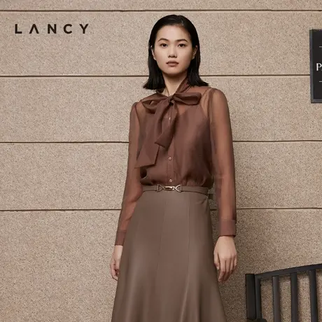 LANCY/朗姿女装2023春季新款衬衫两件套女V领带飘带长袖衬衣商品大图