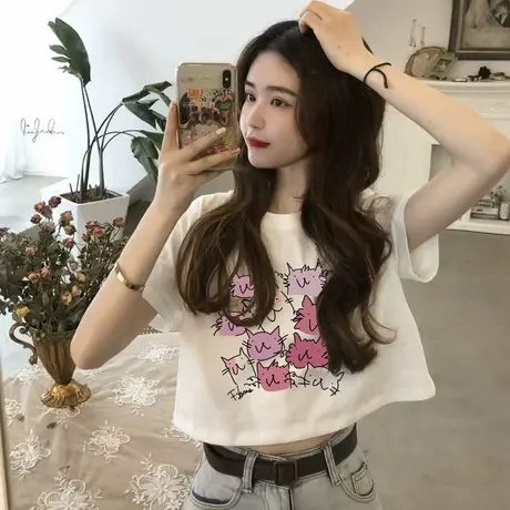 韩系猫咪印花短袖t恤女2025新款白色短款修身显瘦减龄高级感上衣商品大图