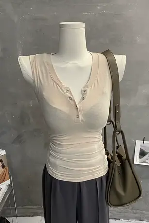 气质显白！性感薄款摁扣半开领背心女紧身微透无袖T恤内搭上衣夏商品大图