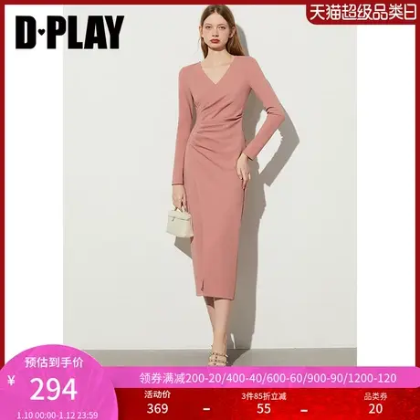 DPLAY春季法式风V领粉色V领长袖修身门襟交叉裙子连衣裙长裙女图片