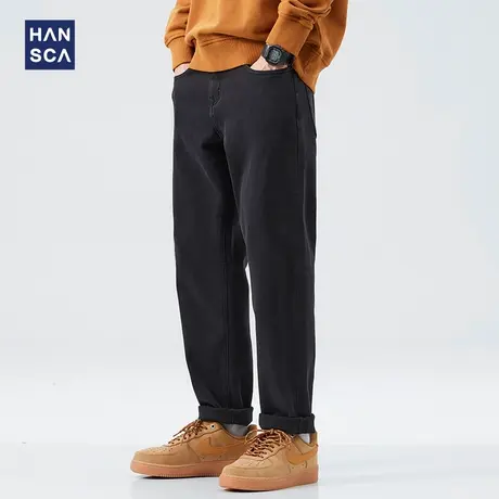 hansca黑色牛仔裤男直筒宽松秋冬季新款弹力抓绒加厚休闲锥形长裤商品大图