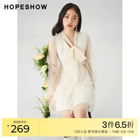 红袖outlets蝴蝶结拼接连衣裙hopeshow2022春季款蕾丝气质仙女裙图片