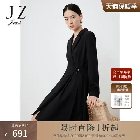 JZ玖姿职业西装小黑裙女装2023春季新款小个子通勤雪纺连衣裙黑商品大图