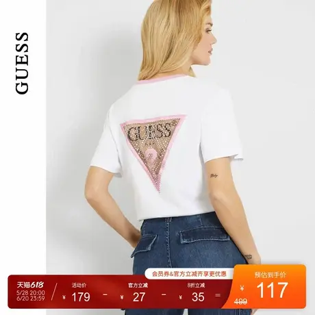 GUESS女士后背透视镂空镶钻三角logoT恤-W4GI35JA914图片