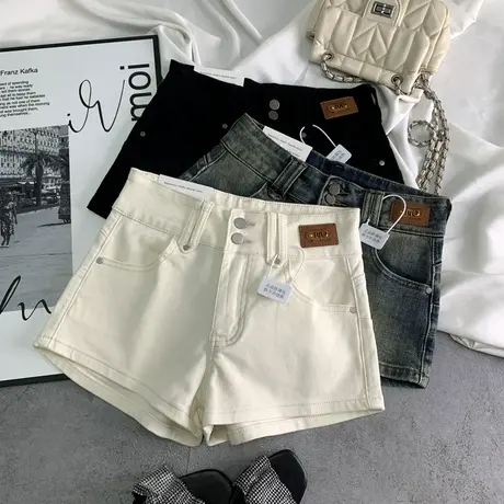 字母皮牌辣妹高腰牛仔短裤女韩版时尚百搭宽松A字阔脚包臀热裤潮商品大图