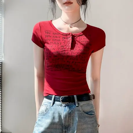莱赛尔天丝正肩纽扣设计感圆领短袖T恤女夏字母印花修身显瘦上衣图片