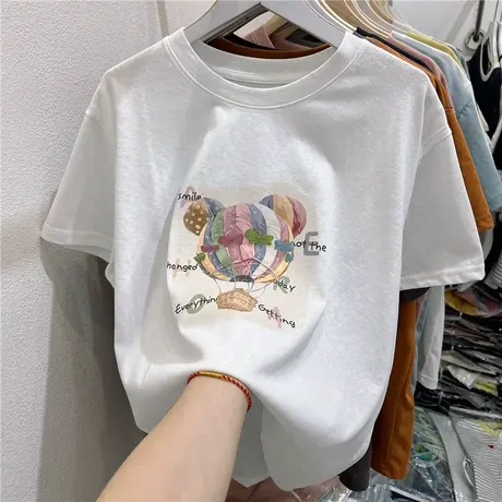 2025夏季新款韩版百搭t恤宽松热气球字母印花雪花棉圆领短袖上衣商品大图