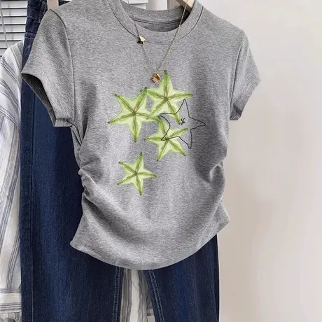 胖mm正肩短袖女t恤修身显瘦收腰灰色超好看独特上衣夏季ins设计感商品大图