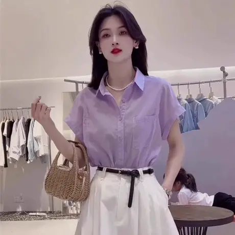 衬衫女上衣短袖夏季2025新款韩版宽松高级感薄款小个子衬衣小衫商品大图