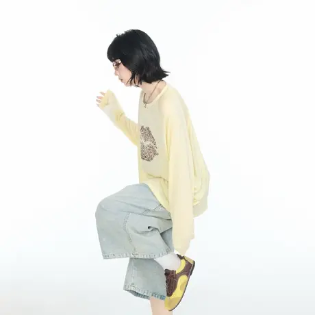 美式复古莱赛尔天丝印花长袖T恤女夏季薄款防晒罩衫宽松微透上衣图片