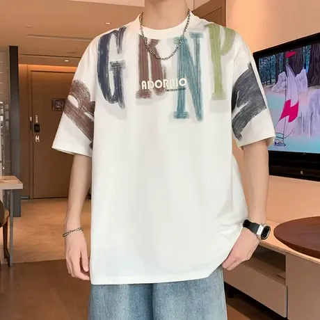 短袖t恤男士夏季涂鸦字母街头休闲帅气百搭个性初中高中学生上衣图片