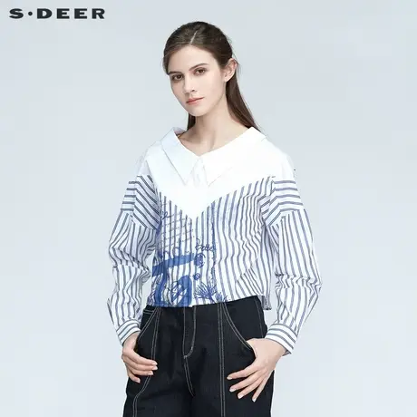 sdeer圣迪奥女装休闲V领条纹印花短款衬衫S21180504图片