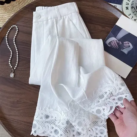 拉夏贝尔2025年夏白色温柔简约直筒裤新款休闲气质蕾丝钩花阔腿裤商品大图