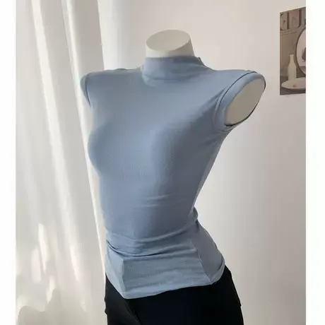 纯欲~显胸大~半高领纯色修身无袖紧身T恤2022春夏新款性感上衣女图片