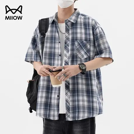 猫人夏季日系格子短袖衬衫外套男宽松半袖百搭上衣翻领2025新款潮图片